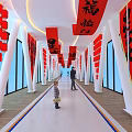Red Lanterns and Character Banners as Hanging Decorations in Corridor with White Columns and People