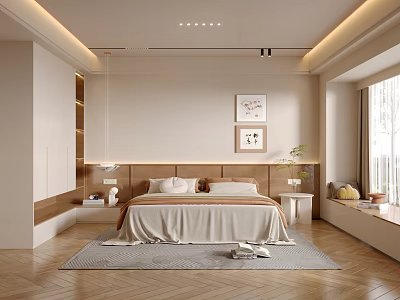 Modern Cozy Bedroom Interior With Upholstered Bedhead Decorative Artworks And Wooden Flooring 3d model