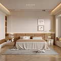 Modern Cozy Bedroom Interior With Upholstered Bedhead Decorative Artworks And Wooden Flooring