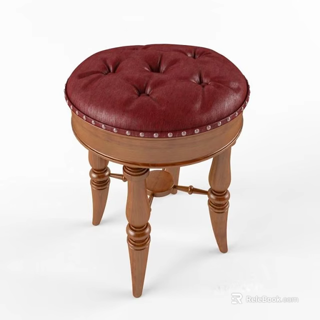 Classic Bar Stool With Red Tufted Padded Seat And Carved Wooden Legs 3d model 