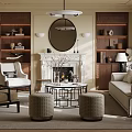Elegant Living Room Interior With Ornate Ceiling Circular Mirror Fireplace Bookshelves Sofa And Armchair