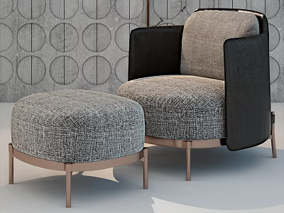 Modern Textured Grey Fabric Upholstered Ottoman With Rose Gold Metal Legs And Circular Wall 3d model