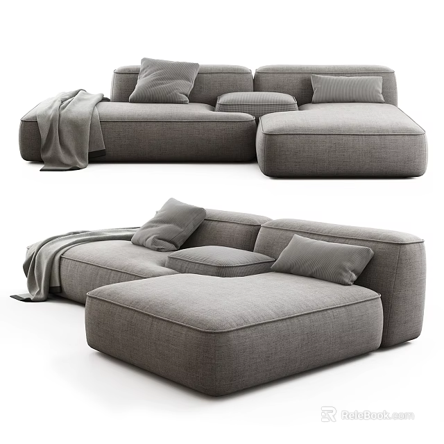 Modern Gray Sectional Sofa with Plush Cushions and Throw Blanket 3d model 
