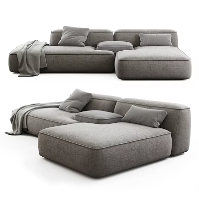 Modern Gray Sectional Sofa with Plush Cushions and Throw Blanket 3d model