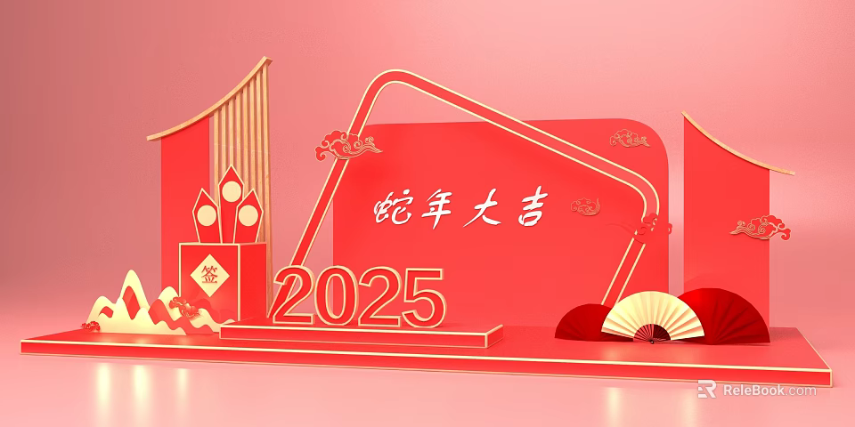 Exhibition Hall Culture Wall Featuring 2025 Year of the Snake Red Theme and Traditional Decorations 3d model 