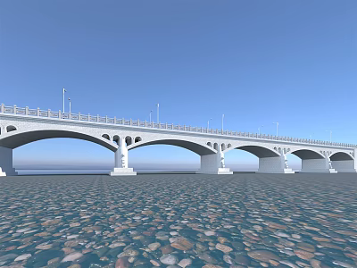 Modern White Arch Bridge Spanning Pebble Water Surface With Multiple Arches And Blue Sky 3d model