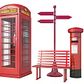 British Red Iconic Telephone Booth With Directional Signpost Bench And Postbox 3d model