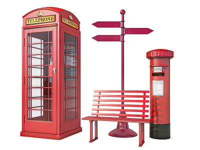 British Red Iconic Telephone Booth With Directional Signpost Bench And Postbox 3d model