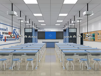 Modern Laboratory Classroom With Neat Tables And Chairs Educational Charts Blue Screen And Ceiling Lights 3d model