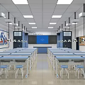 Modern Laboratory Classroom With Neat Tables And Chairs Educational Charts Blue Screen And Ceiling Lights