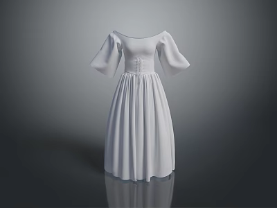Elegant White Dress With Bell Sleeves Fitted Waist And Pleated Skirt 3d model