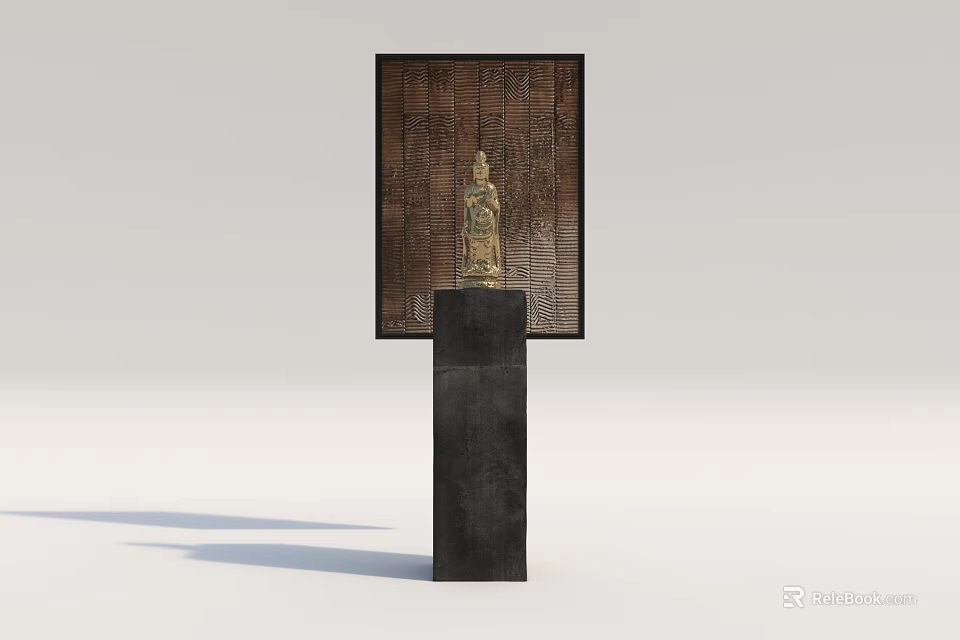 Elegant Golden Buddha Sculpture With Detailed Carving On Black Pedestal And Textured Background Frame 3d model 