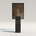Elegant Golden Buddha Sculpture With Detailed Carving On Black Pedestal And Textured Background Frame