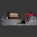 Cartoon Japanese Village Scene With Traditional Houses Red Maple Leaves And Stone Steps