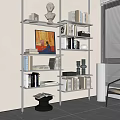 Modern Open Shelf Bookshelf With Stacked Books Framed Art And Decorative Sculptures