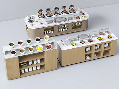 Modern Buffet Counters With Assorted Food Bowls And Dining Utensils 3d model
