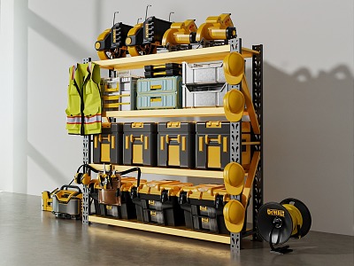 Warehouse shelf scene heavy shelf industrial product toolbox cable rope machinery equipment work clothes 3d model