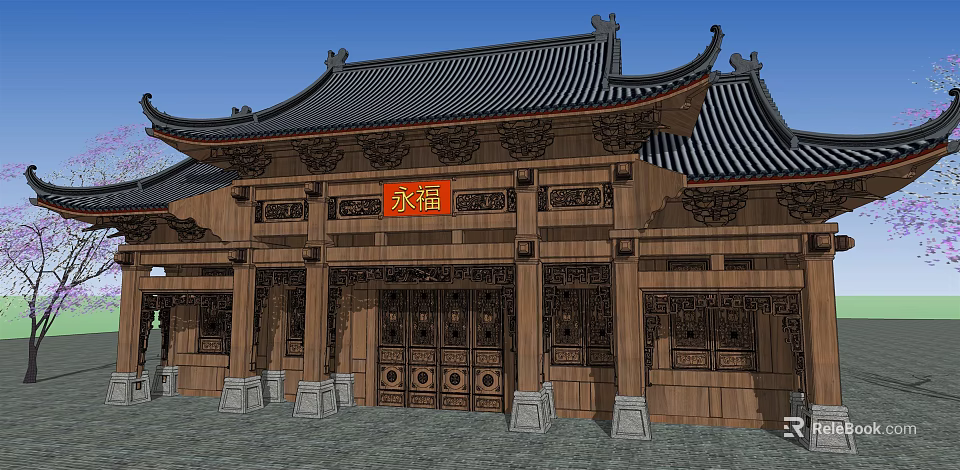 Traditional Chinese Architecture Wooden Structure with Overhanging Eaves Plaque Columns and Carvings 3d model 