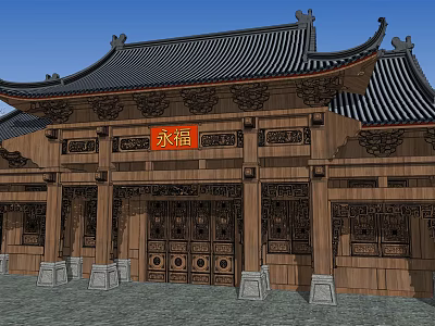 Traditional Chinese Architecture Wooden Structure with Overhanging Eaves Plaque Columns and Carvings 3d model
