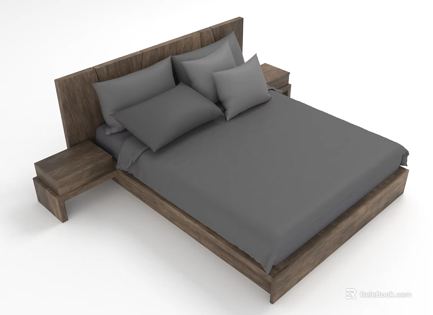 Modern Wooden Double Bed With Gray Bedding Pillows And Matching Side Tables 3d model 