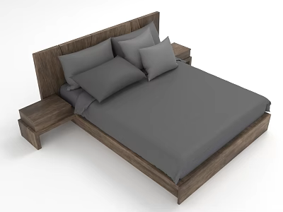 Modern Wooden Double Bed With Gray Bedding Pillows And Matching Side Tables 3d model
