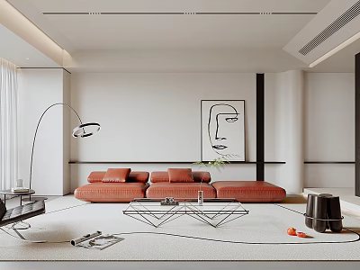 Modern Living Room Interior With Orange Sofa Floor Lamp And Glass Coffee Table 3d model