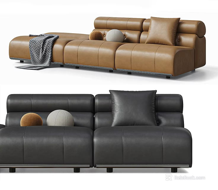 Modern Leather Three Seater Sofa With Plush Cushions And Throw Blanket 3d model 