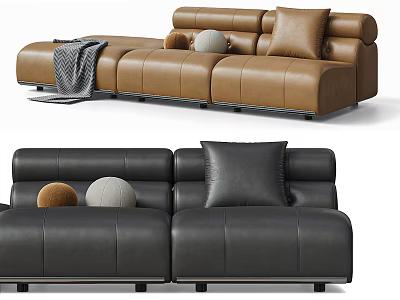 Modern Leather Three Seater Sofa With Plush Cushions And Throw Blanket 3d model