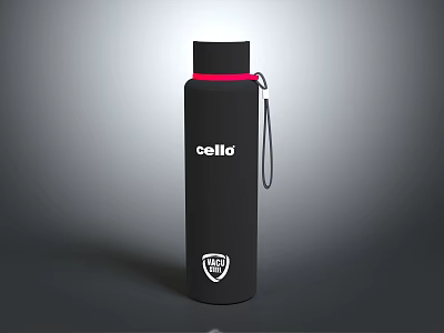 Black Cellio Water Bottle With Red Strap Shield Logo And Lanyard For Daily Use 3d model