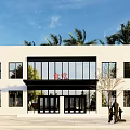 Modern White Building Storefront With Glass Doors Black Frames Red Signage And Palm Trees
