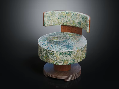 Floral Patterned Round Chair With Wooden Armrest Green Blue Fabric And Round Base 3d model