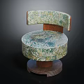 Floral Patterned Round Chair With Wooden Armrest Green Blue Fabric And Round Base
