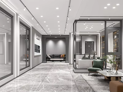 Modern Showroom Interior Design With Spacious Space Marble Floor Glass Partitions And Green Plants 3d model
