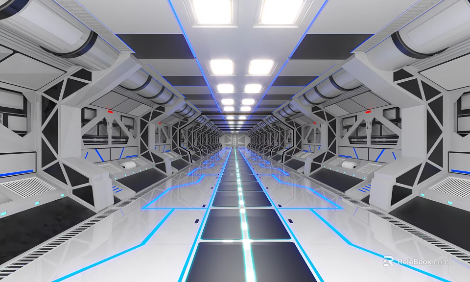 Futuristic Office Corridor With Blue LED Lighting Metallic Structures And Glowing Floor Lines 3d model 