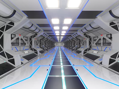 Futuristic Office Corridor With Blue LED Lighting Metallic Structures And Glowing Floor Lines 3d model