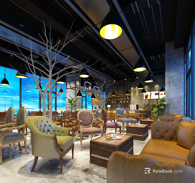 Industrial Style Café Open Space With Pendant Lights Green Plants Sofas Tables And Large Windows 3d model 