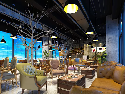 Industrial Style Café Open Space With Pendant Lights Green Plants Sofas Tables And Large Windows 3d model