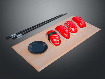 Fresh Salmon Sushi Served On Wooden Tray With Chopsticks And Soy Sauce Dish 3d model