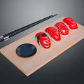 Fresh Salmon Sushi Served On Wooden Tray With Chopsticks And Soy Sauce Dish
