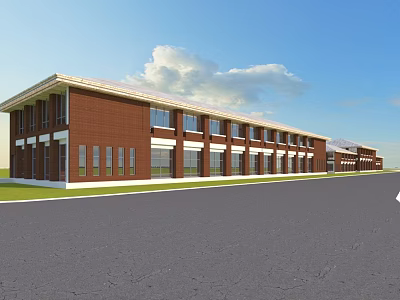 Commercial Street With Red Brick Buildings Multiple Windows Road Green Lawn And Blue Sky 3d model