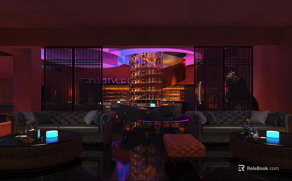 Stylish Modern Bar Lounge Interior With Illuminated Wine Racks And Plush Sofa 3d model 