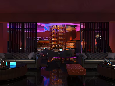 Stylish Modern Bar Lounge Interior With Illuminated Wine Racks And Plush Sofa 3d model