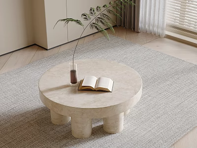 Round Stone Coffee Table With Cylindrical Legs Open Book Green Plant On Light Rug 3d model