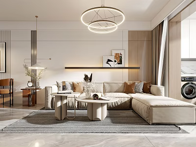 Modern Living and Dining Room With Beige Sofa Coffee Tables Round Chandelier Area Rug 3d model