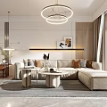 Modern Living and Dining Room With Beige Sofa Coffee Tables Round Chandelier Area Rug