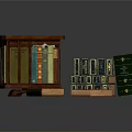 Small Brown Wooden Bookcase With Colorful Books And Stacked Volumes On Dark Table