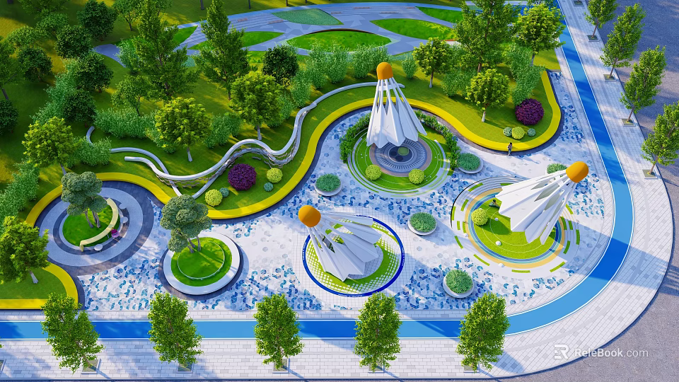 Park Landscape With Winding Paths Lush Trees Circular Lawns And White Spire Structures 3d model