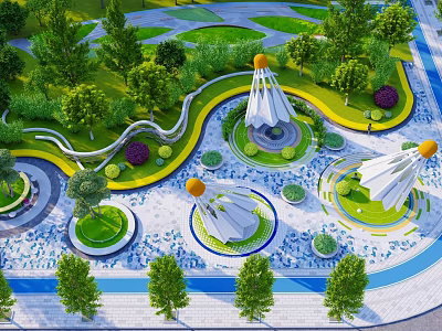 Park Landscape With Winding Paths Lush Trees Circular Lawns And White Spire Structures 3d model
