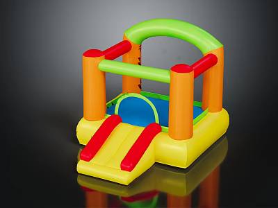 Colorful Inflatable Play Equipment With Green Arch Orange Poles Red Slide And Blue Entrance 3d model