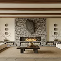 Elegant Living Room Interior With Stone Wall Fireplace White Sofas And Decorative Elements 3d model